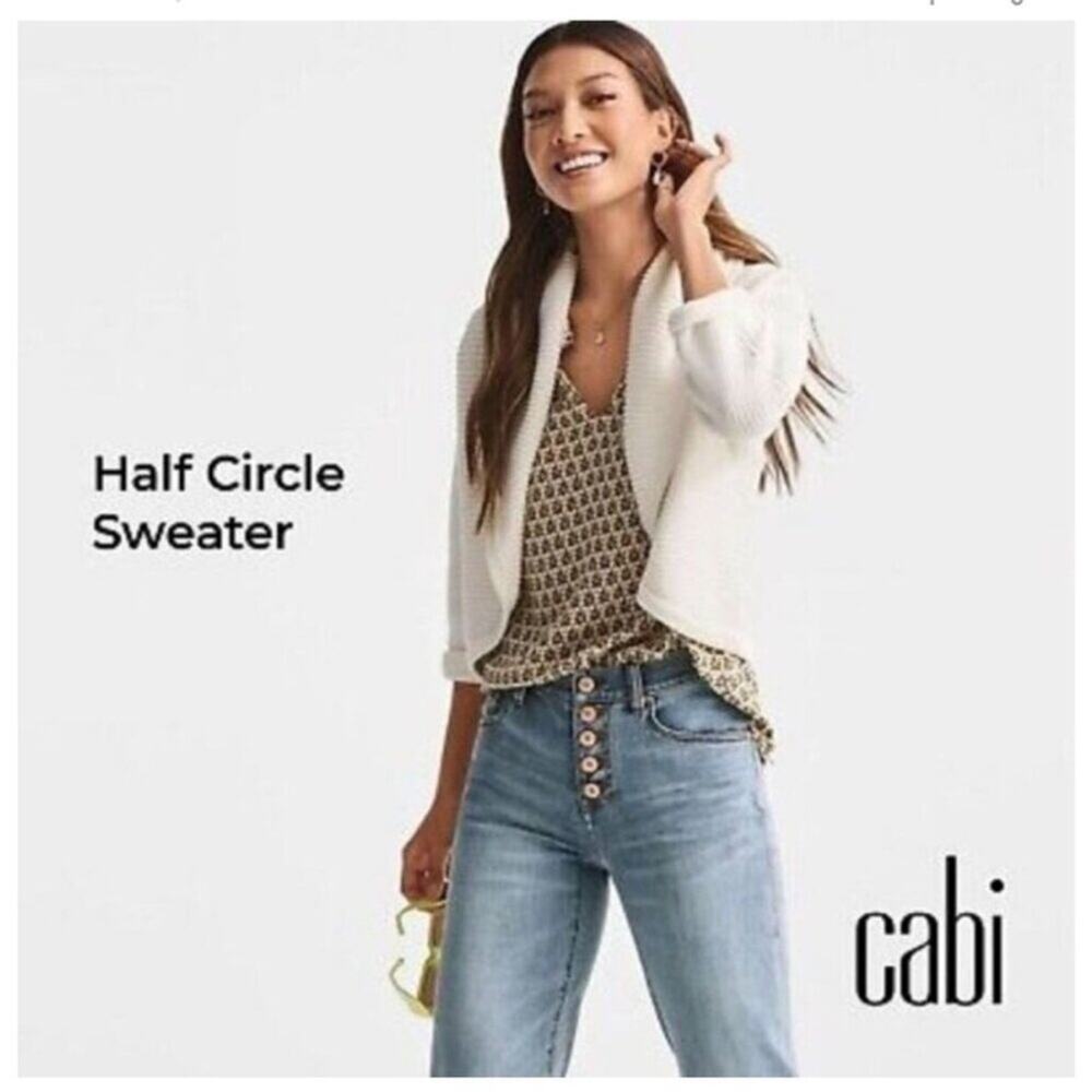 Cabi Half Circle white ribbed knit open front cardigan size Large #6231